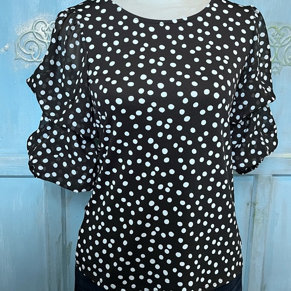 Perseption Concept Women's Navy White Polka Dot Blouse Puff Chiffon Sleeves - Sm - Picture 2 of 9